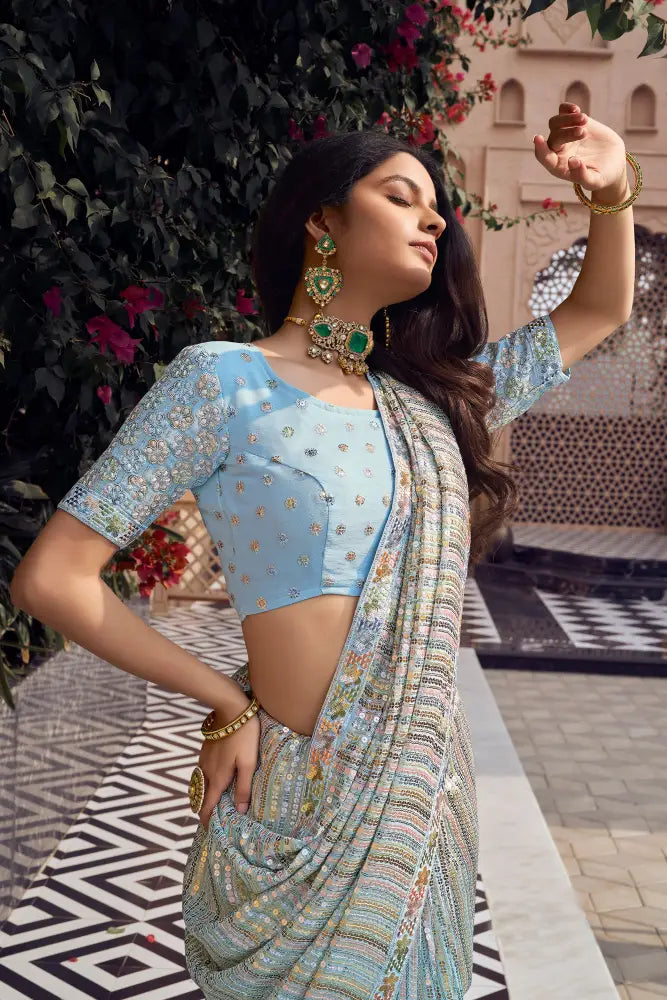 Blue Georgette Saree With Sparkling Multi Sequins Work Saree