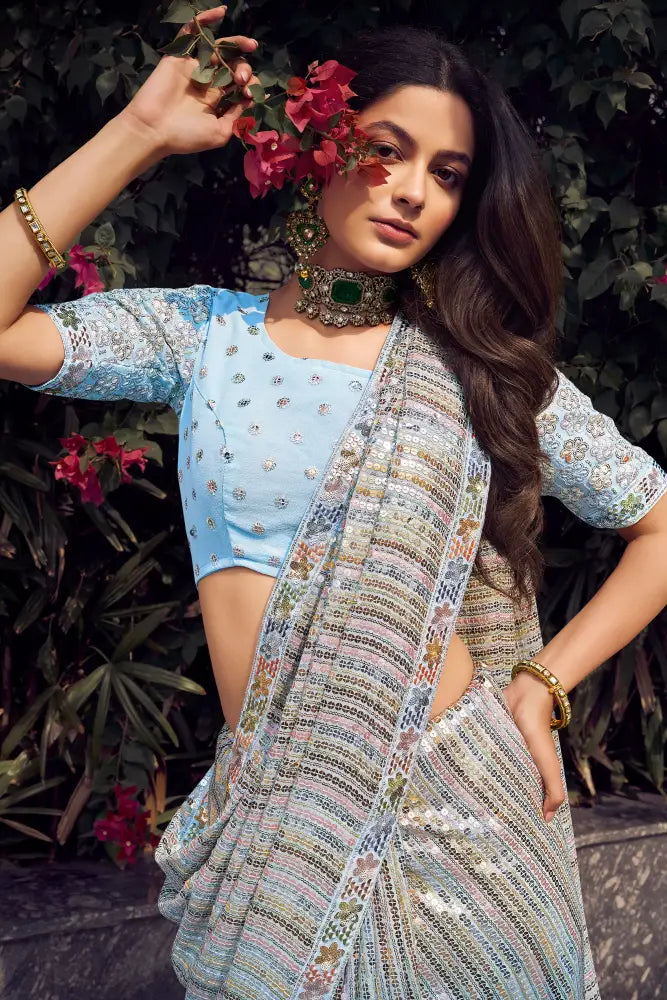 Blue Georgette Saree With Sparkling Multi Sequins Work Saree
