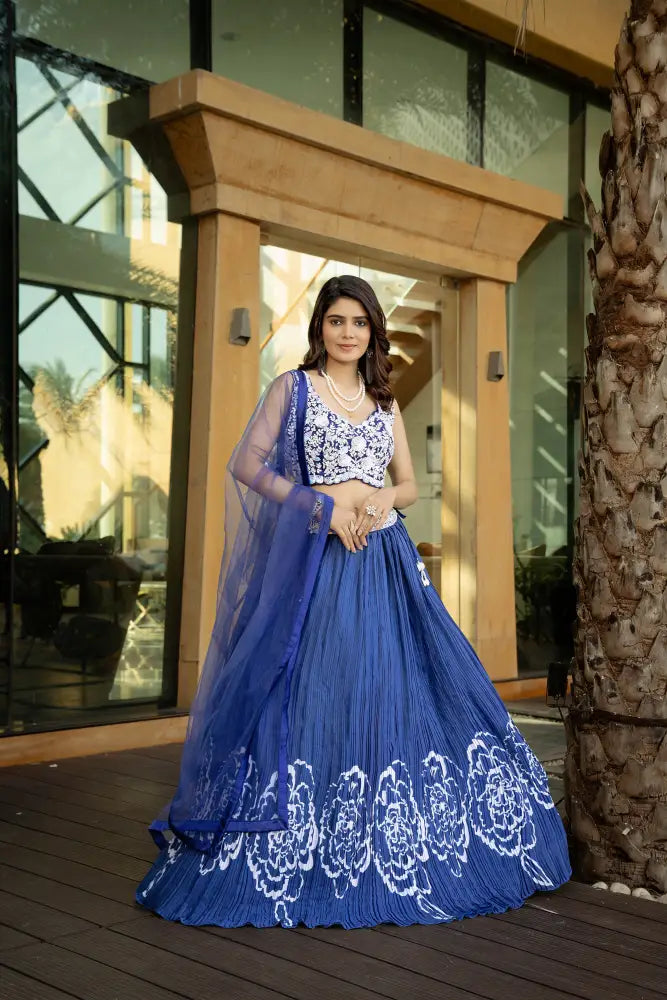 Blue Handcrafted Printed Lehenga For Weddings And Events Lehenga