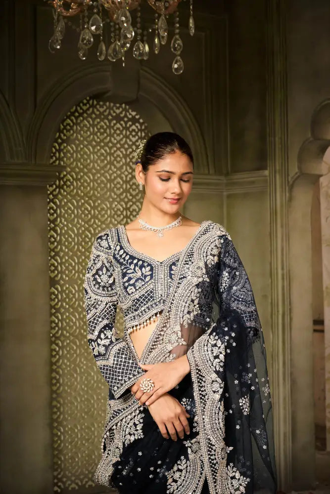 Blue Net Saree With Hand-Embroidered Jarkan For A Dreamy Look Saree