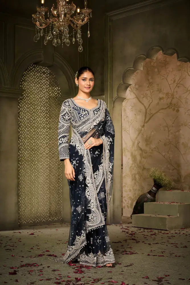 Blue Net Saree With Hand-Embroidered Jarkan For A Dreamy Look Saree
