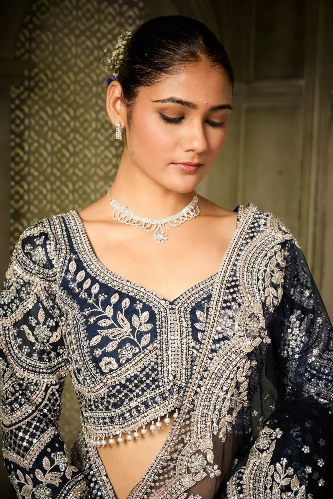 Blue Net Saree With Hand-Embroidered Jarkan For A Dreamy Look Saree