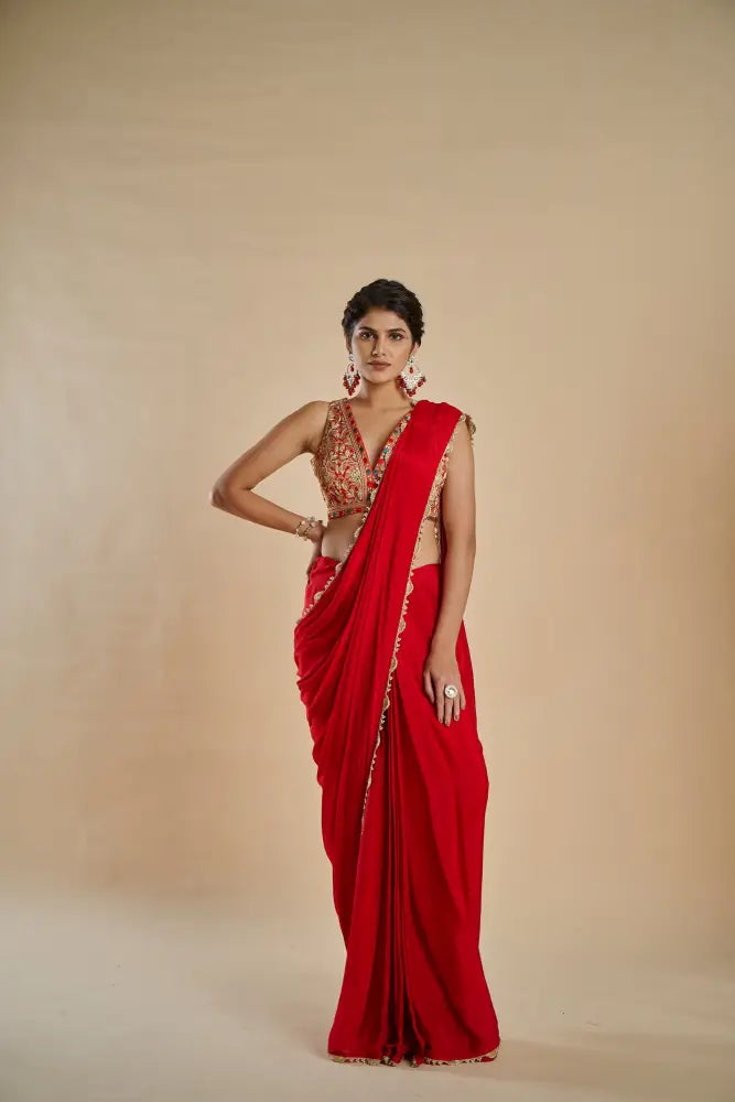 Bridal Wear Cherry Red Crepe Silk Saree With Handmade Embroidery Finish Saree