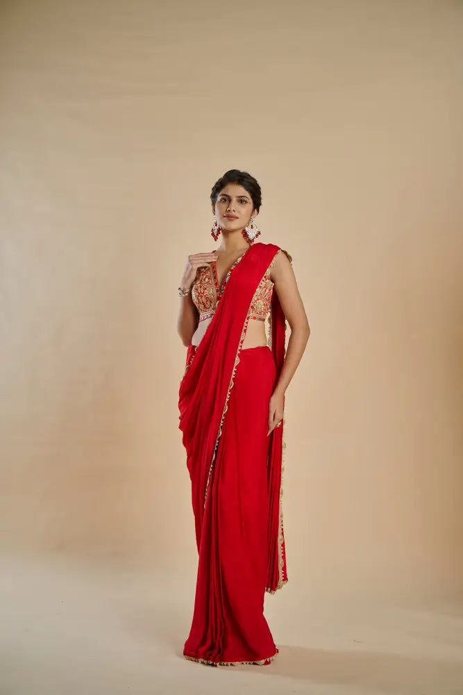 Bridal Wear Cherry Red Crepe Silk Saree With Handmade Embroidery Finish Saree