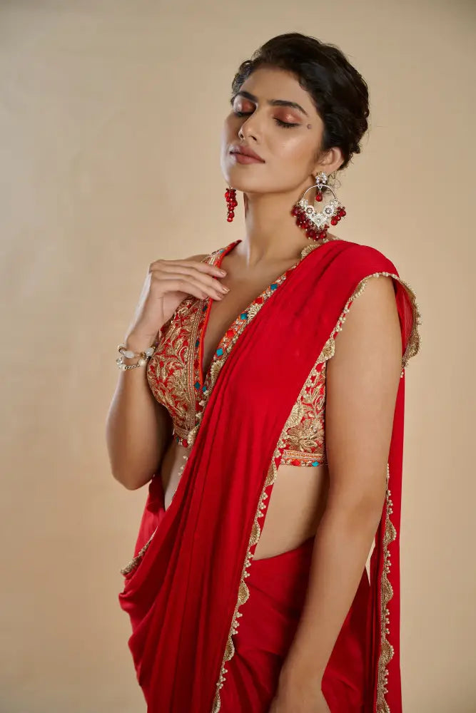 Bridal Wear Cherry Red Crepe Silk Saree With Handmade Embroidery Finish Saree