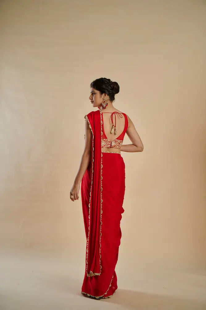 Bridal Wear Cherry Red Crepe Silk Saree With Handmade Embroidery Finish Saree