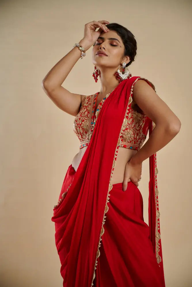 Bridal Wear Cherry Red Crepe Silk Saree With Handmade Embroidery Finish Saree