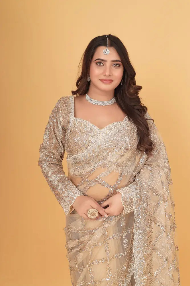 Champagn Gold Exclusive Stone Work Designer Saree With Readymade Blouse
