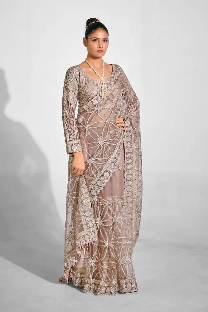 Chickoo Net Saree Designed For Wedding And Festive Occasions Saree