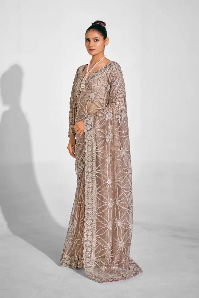Chickoo Net Saree Designed For Wedding And Festive Occasions Saree