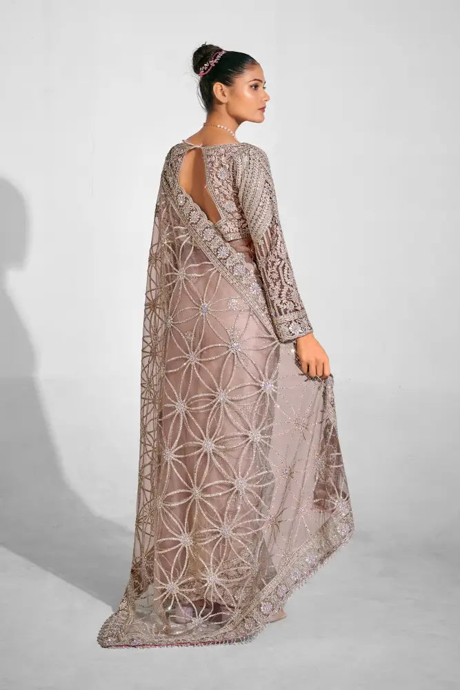 Chickoo Net Saree Designed For Wedding And Festive Occasions Saree
