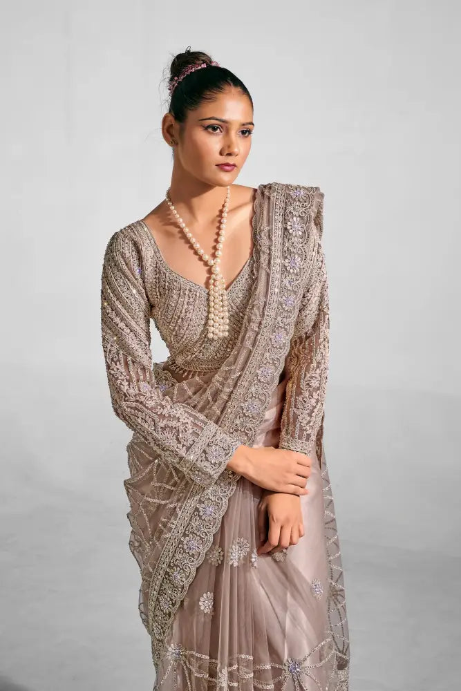 Chickoo Net Saree Designed For Wedding And Festive Occasions Saree