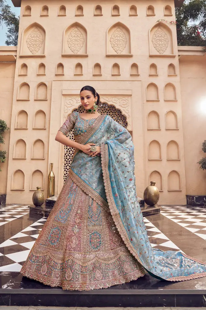 Chinon Saree Pink Sky Heavy Thread Work With Sequins Saree