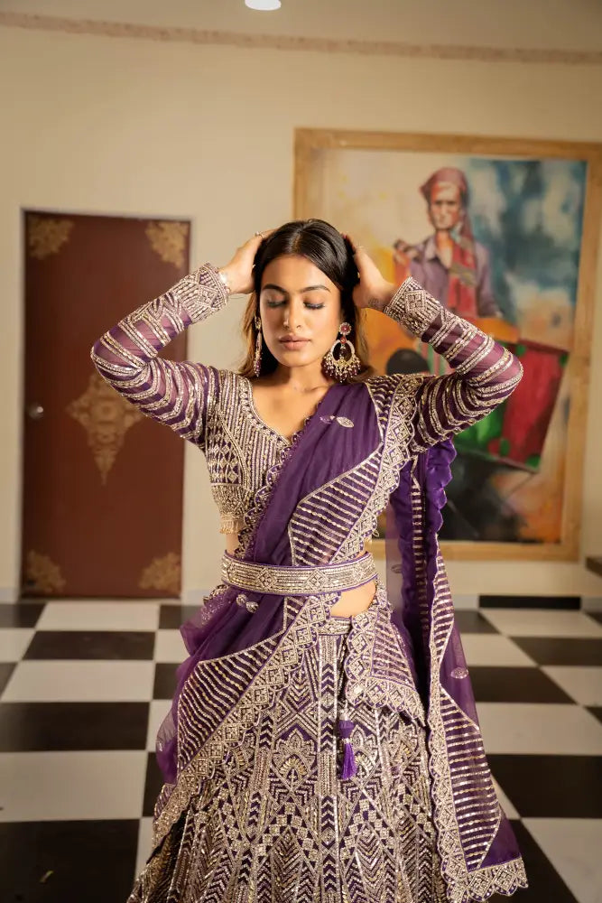 Classic Purple Net Lehenga With Dupatta And Handcrafted Details Lehenga