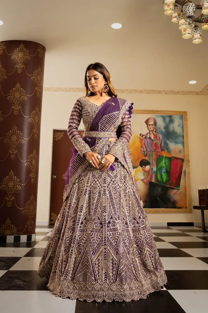 Classic Purple Net Lehenga With Dupatta And Handcrafted Details Lehenga