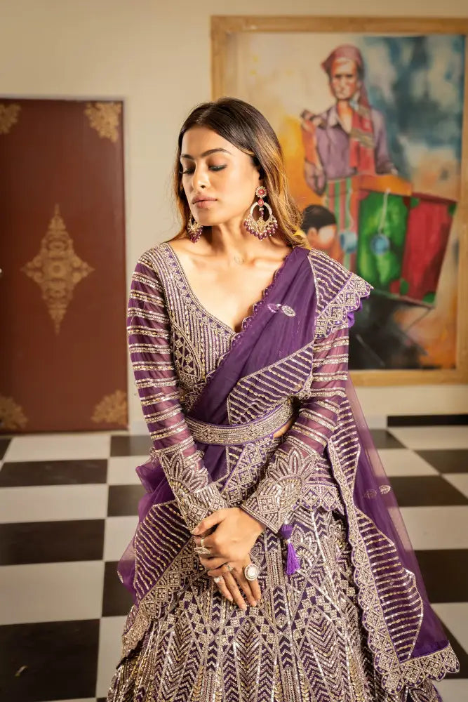 Classic Purple Net Lehenga With Dupatta And Handcrafted Details Lehenga