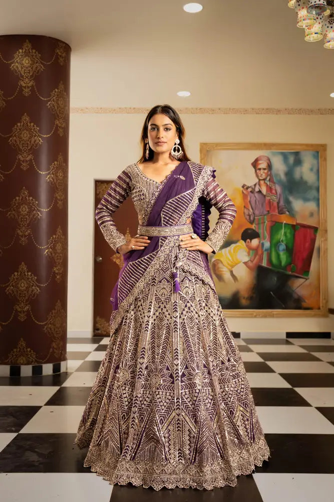Classic Purple Net Lehenga With Dupatta And Handcrafted Details Lehenga