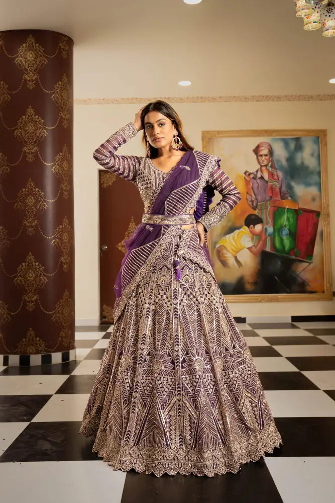 Classic Purple Net Lehenga With Dupatta And Handcrafted Details Lehenga