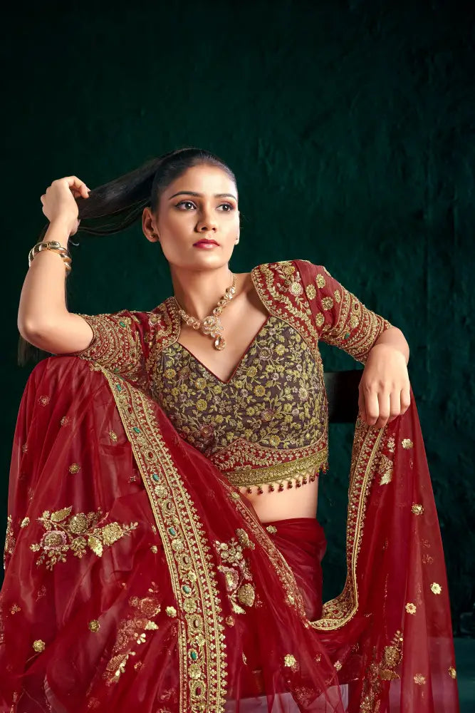 Classic Red Net Saree With Delicate Stone Detailing Saree