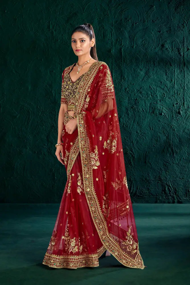 Classic Red Net Saree With Delicate Stone Detailing Saree