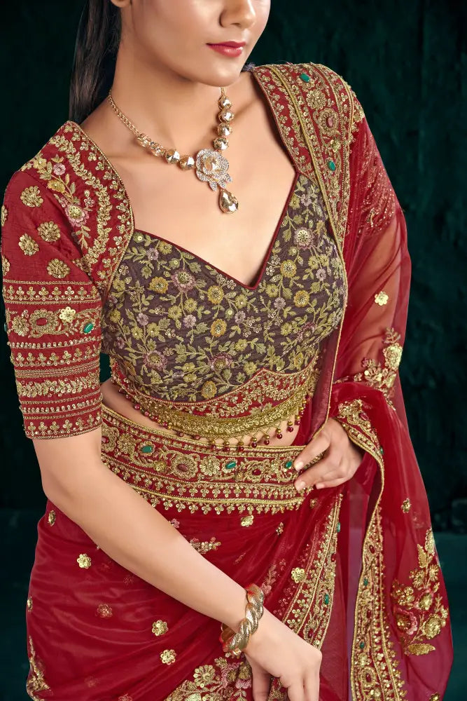 Classic Red Net Saree With Delicate Stone Detailing Saree