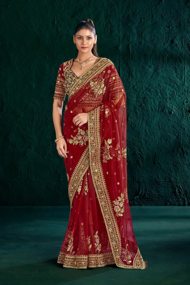 Classic Red Net Saree With Delicate Stone Detailing Saree