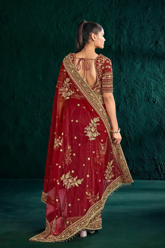 Classic Red Net Saree With Delicate Stone Detailing Saree