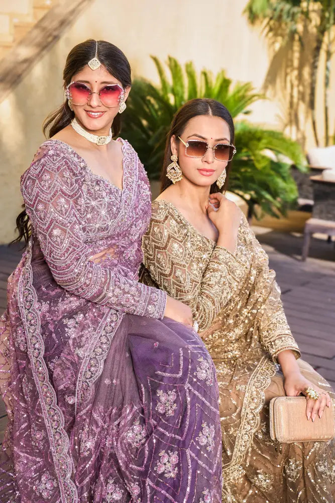 Copper Golden Net Premium Designer Saree Ready Made Blouse With Handwork Sequence Jarkan Detailing