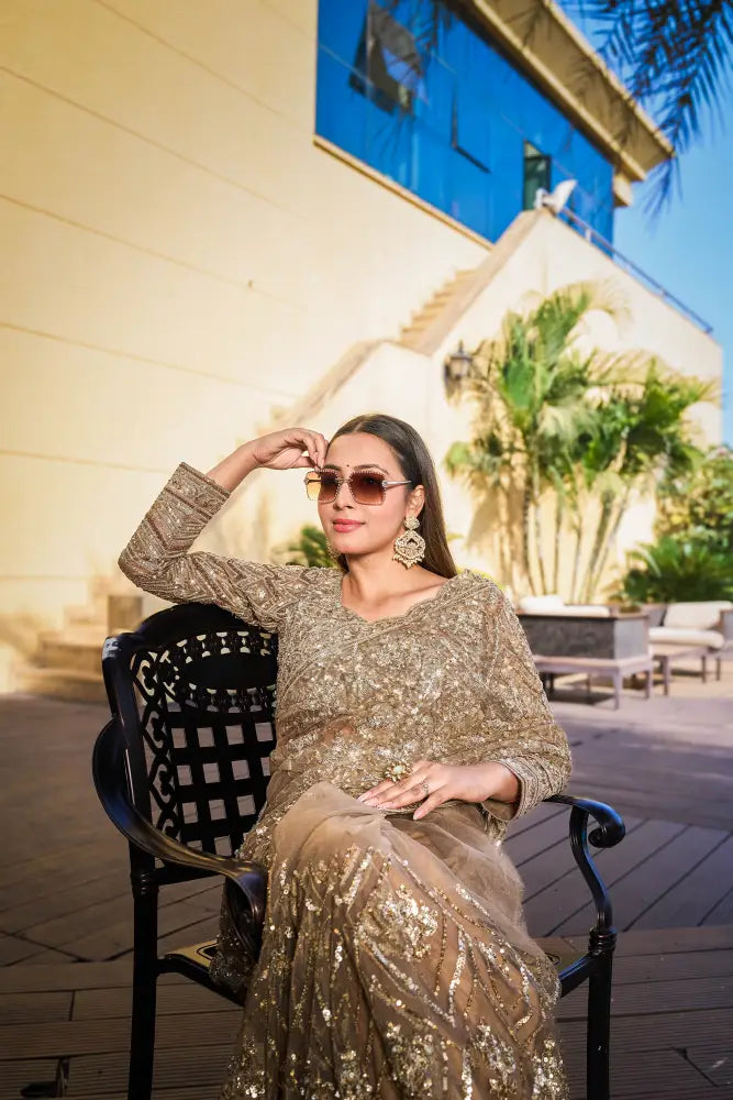 Copper Golden Net Premium Designer Saree Ready Made Blouse With Handwork Sequence Jarkan Detailing