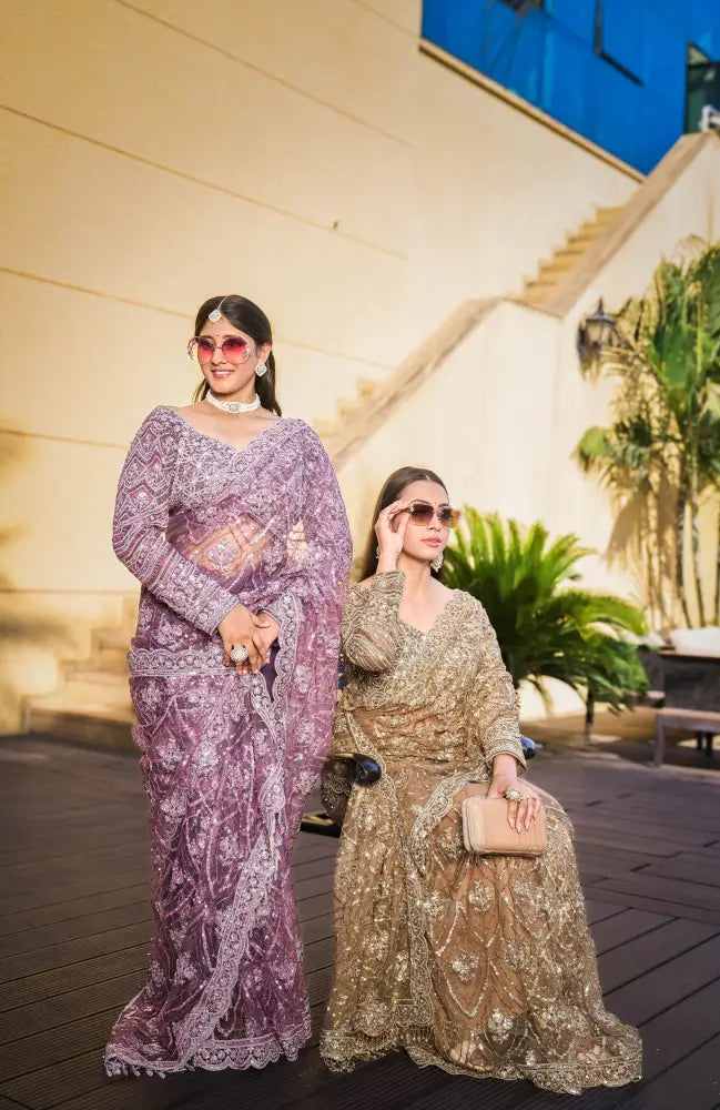 Copper Golden Net Premium Designer Saree Ready Made Blouse With Handwork Sequence Jarkan Detailing