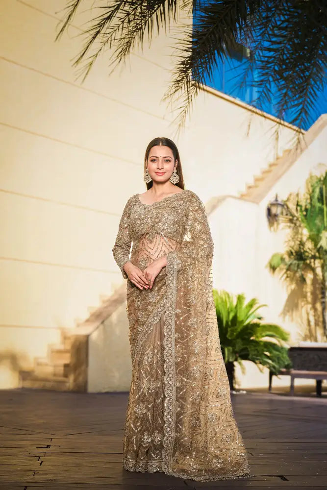 Copper Golden Net Premium Designer Saree Ready Made Blouse With Handwork Sequence Jarkan Detailing