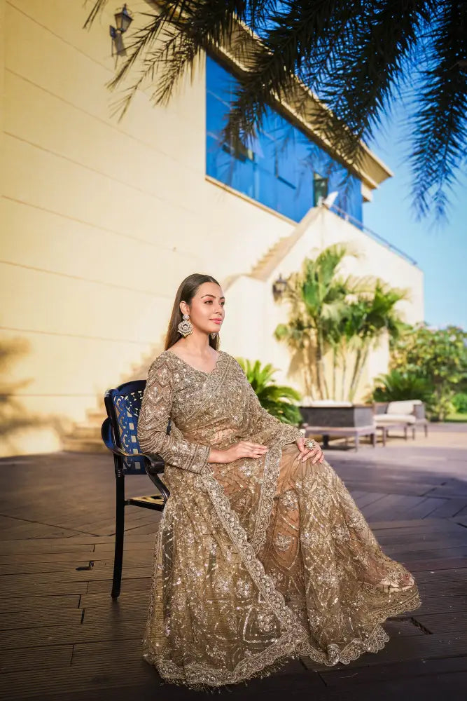 Copper Golden Net Premium Designer Saree Ready Made Blouse With Handwork Sequence Jarkan Detailing