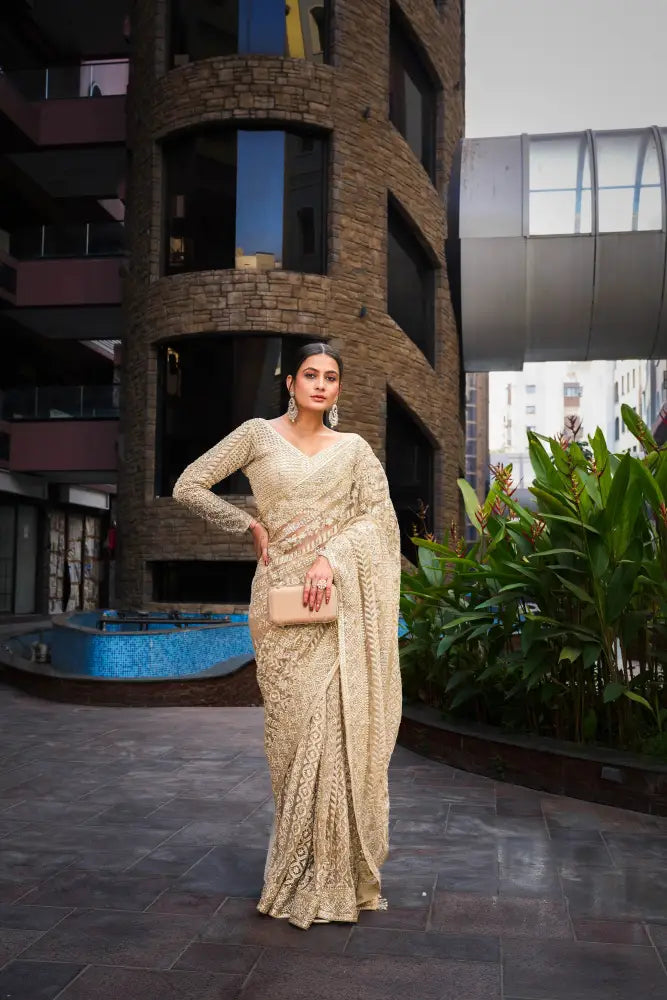 Cream Readymade Handwork Saree With Sequnce And Jarkan Work