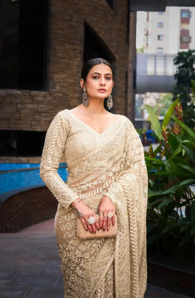 Cream Readymade Handwork Saree With Sequnce And Jarkan Work