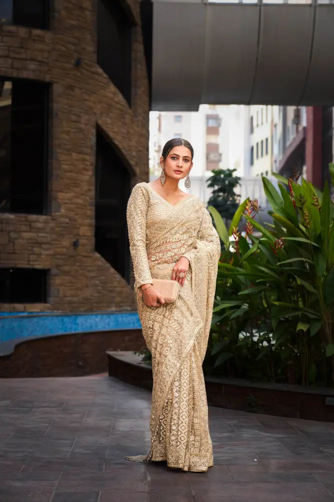 Cream Readymade Handwork Saree With Sequnce And Jarkan Work