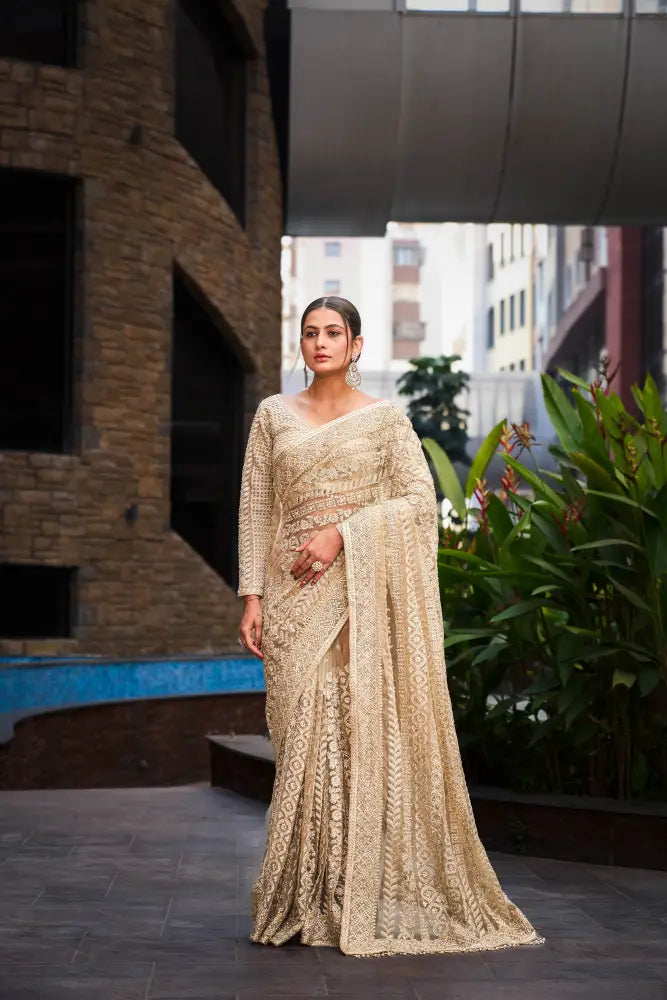 Cream Readymade Handwork Saree With Sequnce And Jarkan Work