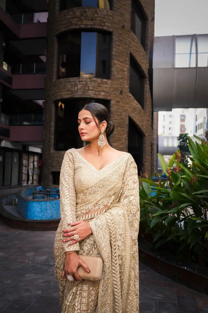 Cream Readymade Handwork Saree With Sequnce And Jarkan Work