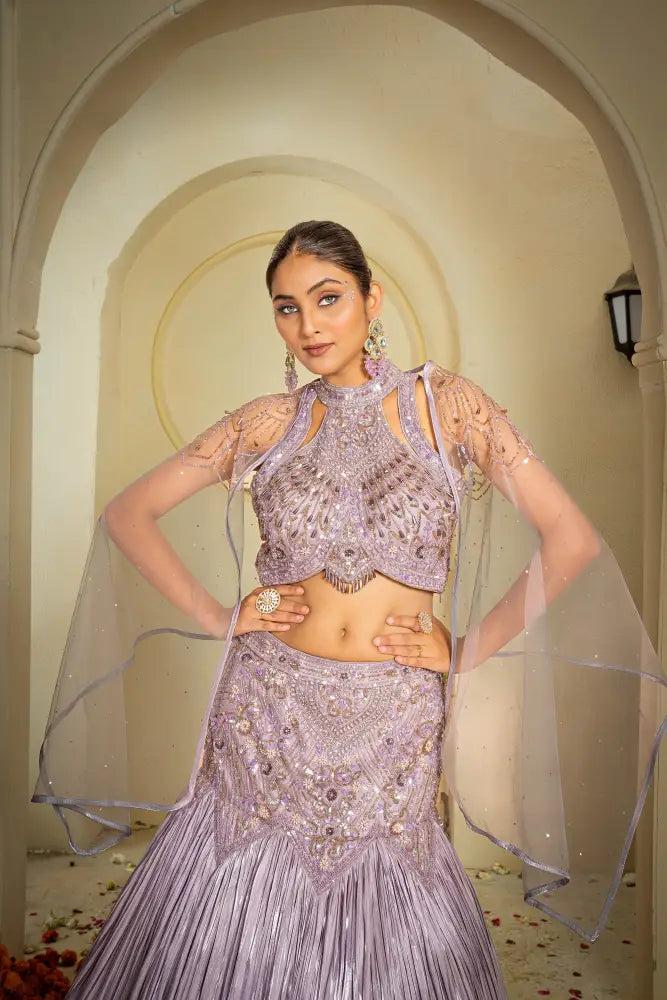 Designer Gown In Light Purple Jimmy Choo Fabric With Handwork Gown