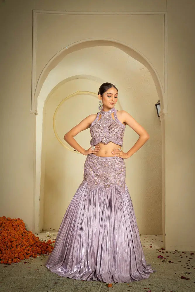 Designer Gown In Light Purple Jimmy Choo Fabric With Handwork Gown