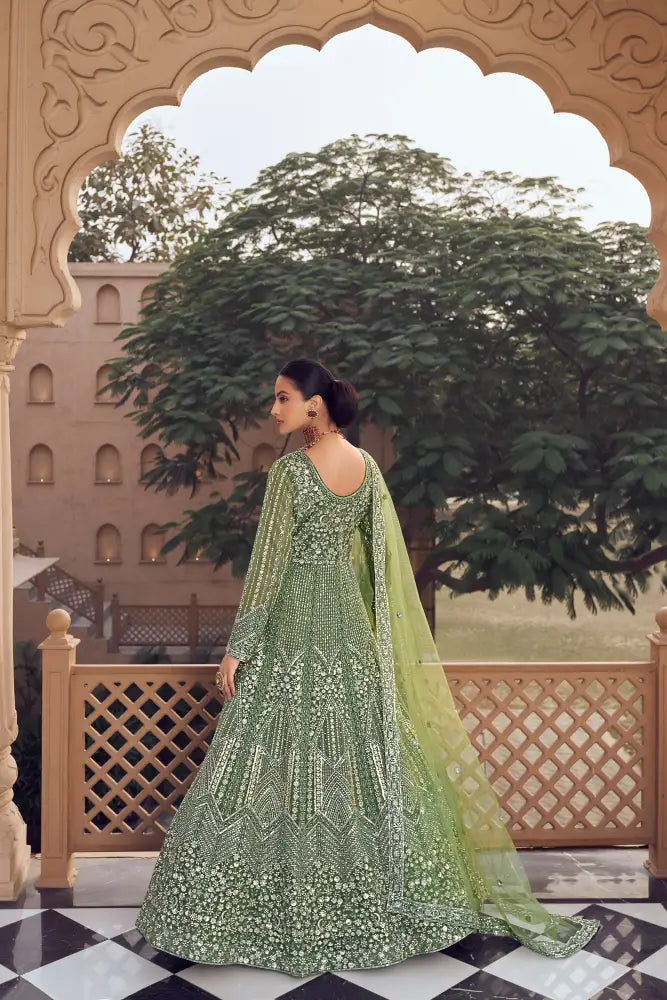 Designer Green Net Saree With Sequins Handtouch Embellishments Saree