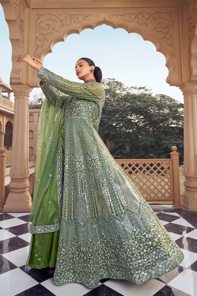 Designer Green Net Saree With Sequins Handtouch Embellishments Saree