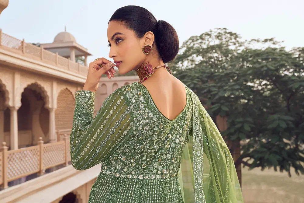 Designer Green Net Saree With Sequins Handtouch Embellishments Saree