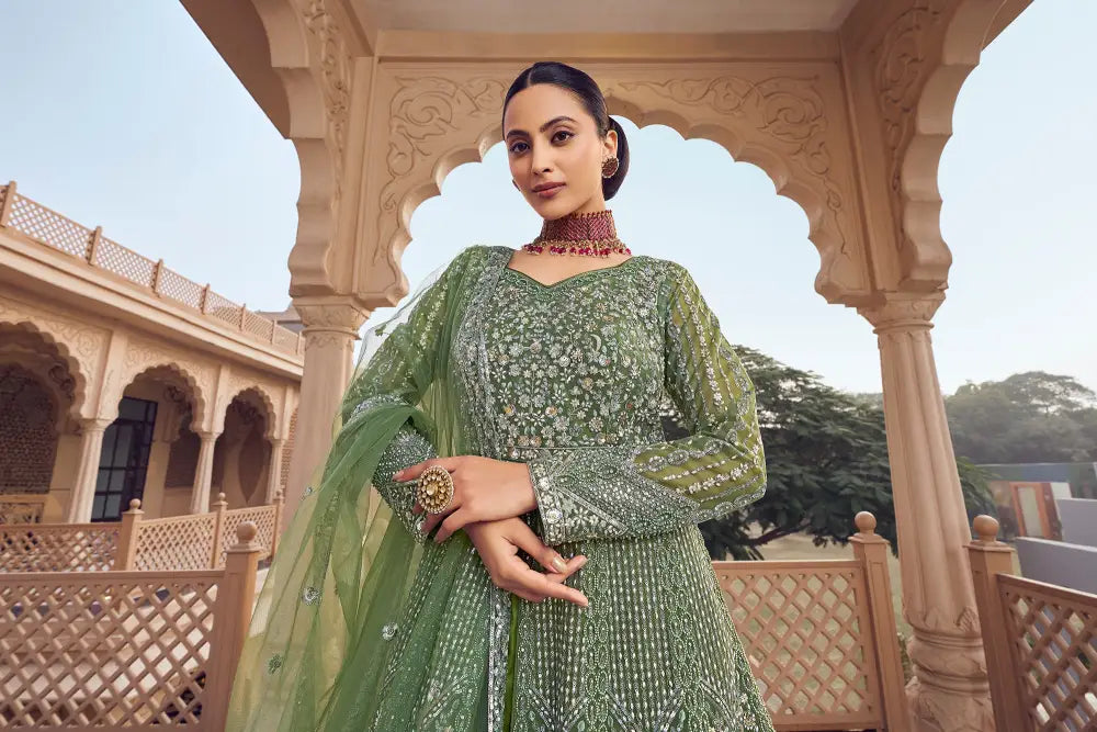 Designer Green Net Saree With Sequins Handtouch Embellishments Saree