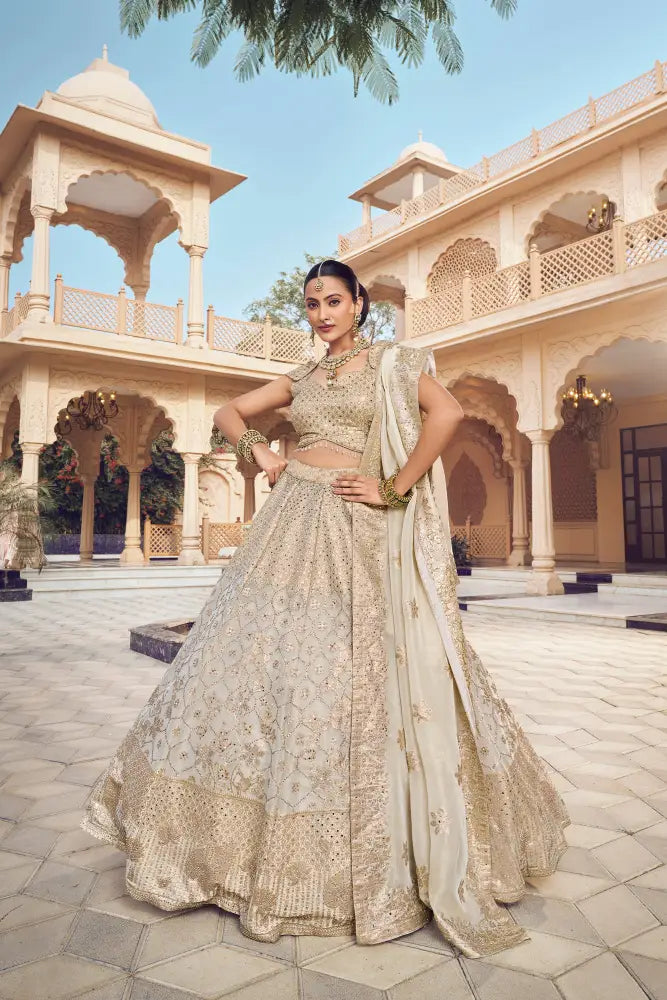 Designer Off White Pure Banarasi Silk Lehenga With Intricate Handwork