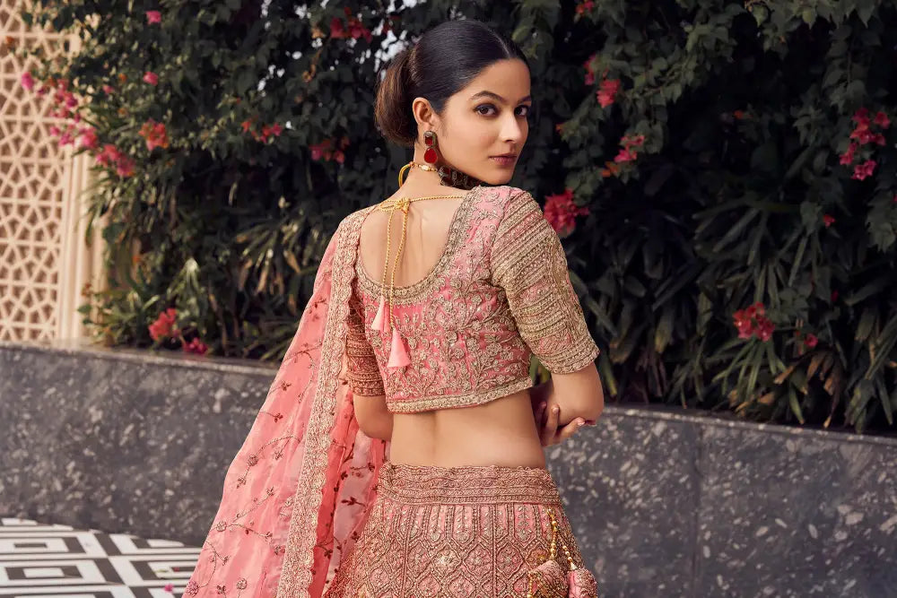 Designer Pink Chinon Saree With Unique Handwork Saree
