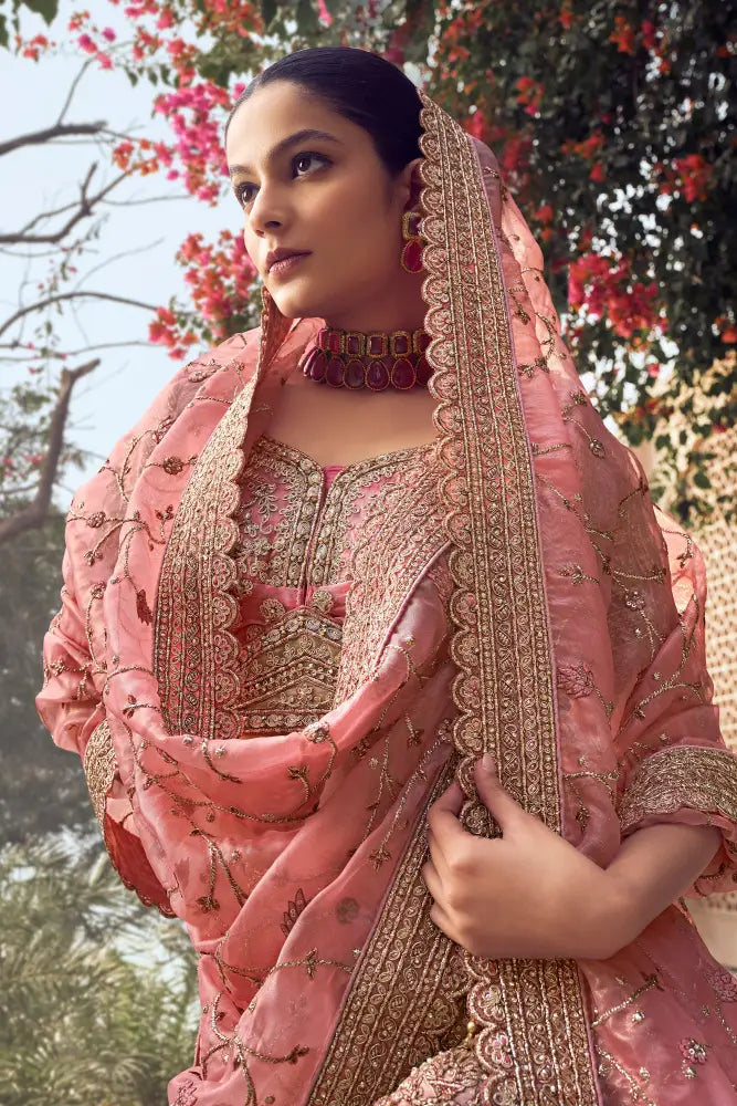 Designer Pink Chinon Saree With Unique Handwork Saree