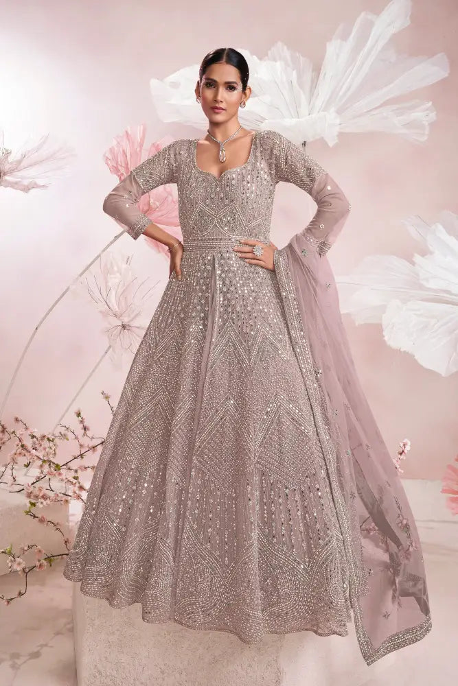 Designer Pink Net Gown With Mirror Detailing And Thread Embroidery Gown