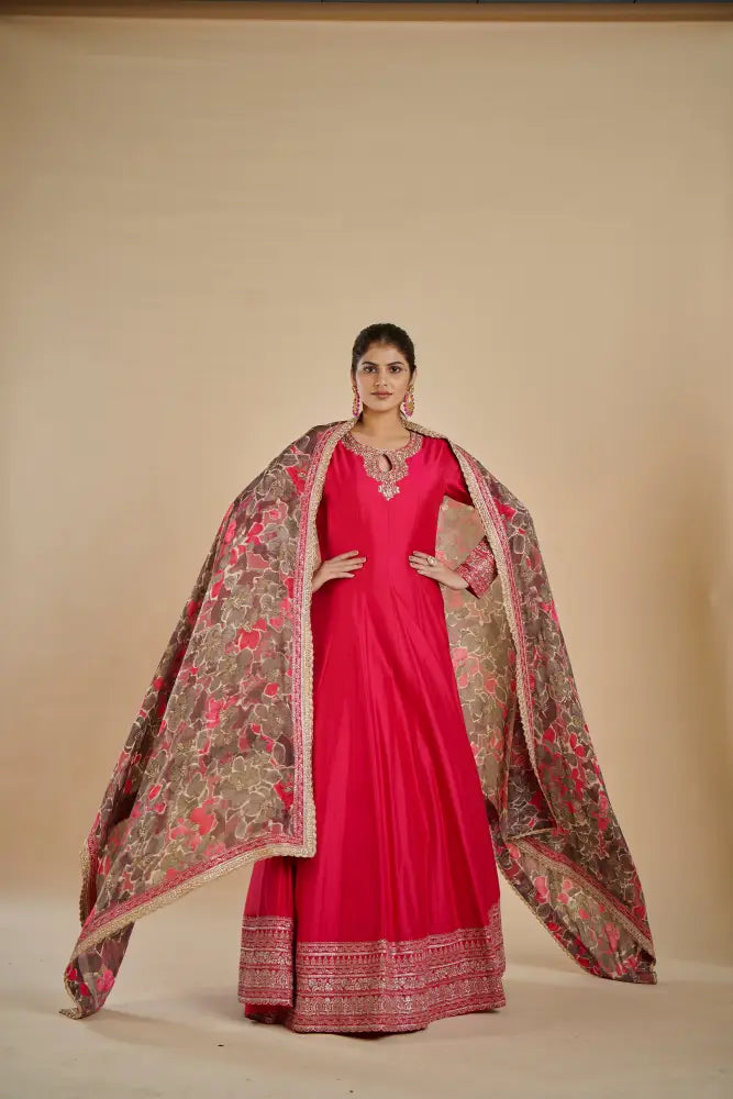 Designer Rani Carmine Handwork Pure Gown India Gown