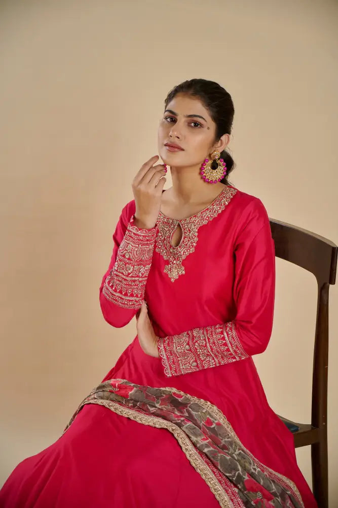 Designer Rani Carmine Handwork Pure Gown India Gown