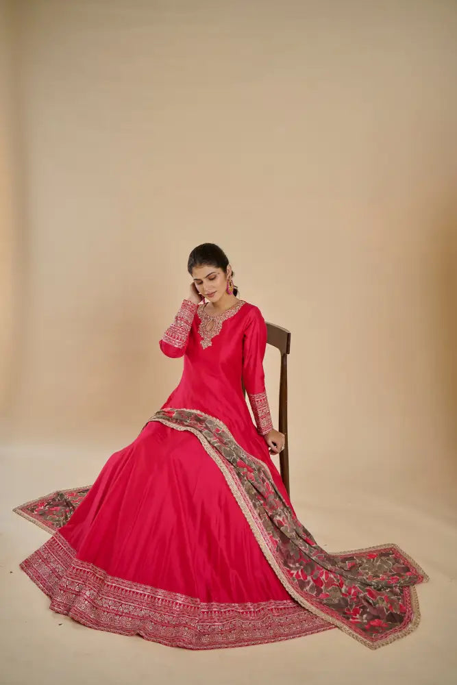 Designer Rani Carmine Handwork Pure Gown India Gown
